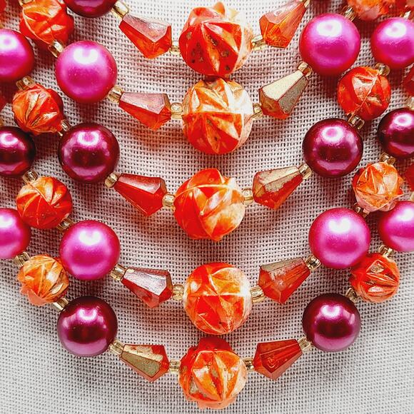 Vintage Japan 1950s 5 Strand Red Pink Beaded Necklace 17” Signed Hook - Picture 6 of 12